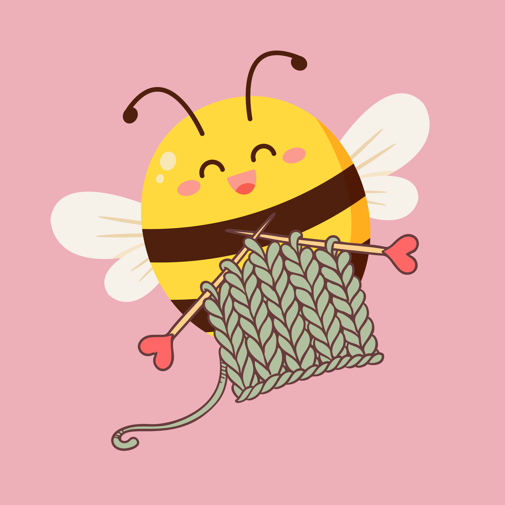 Drawing of a happy bee who is knitting